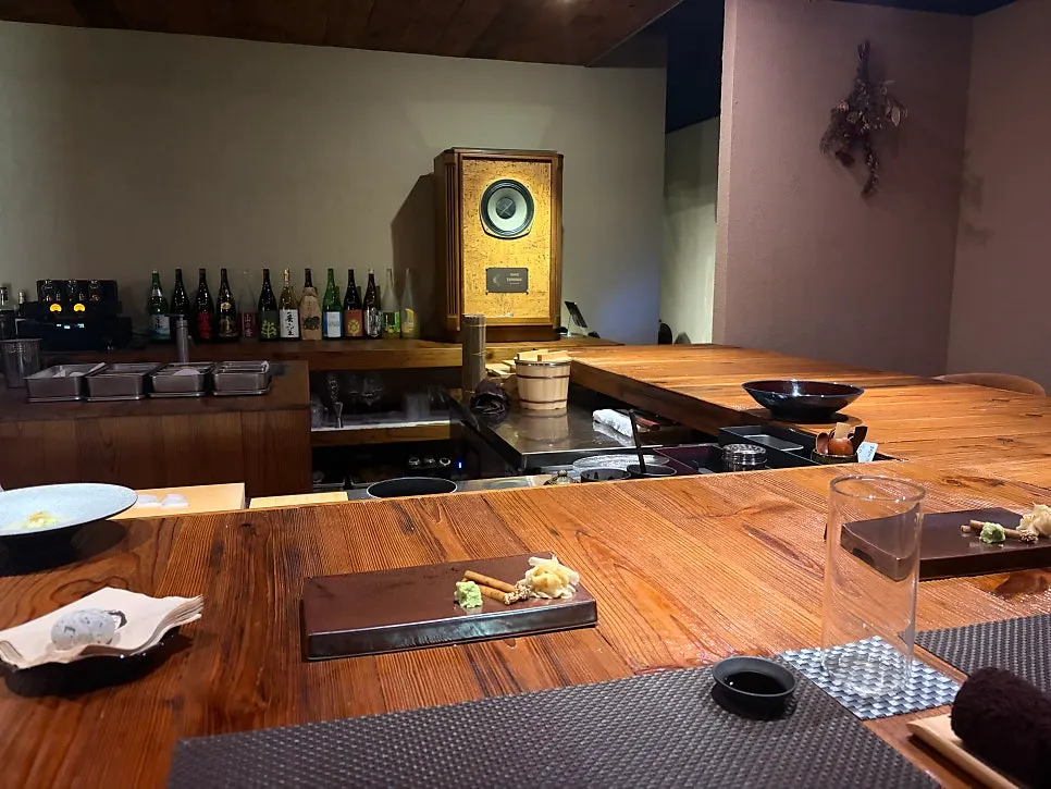 Interior view of the wood-toned bar counter