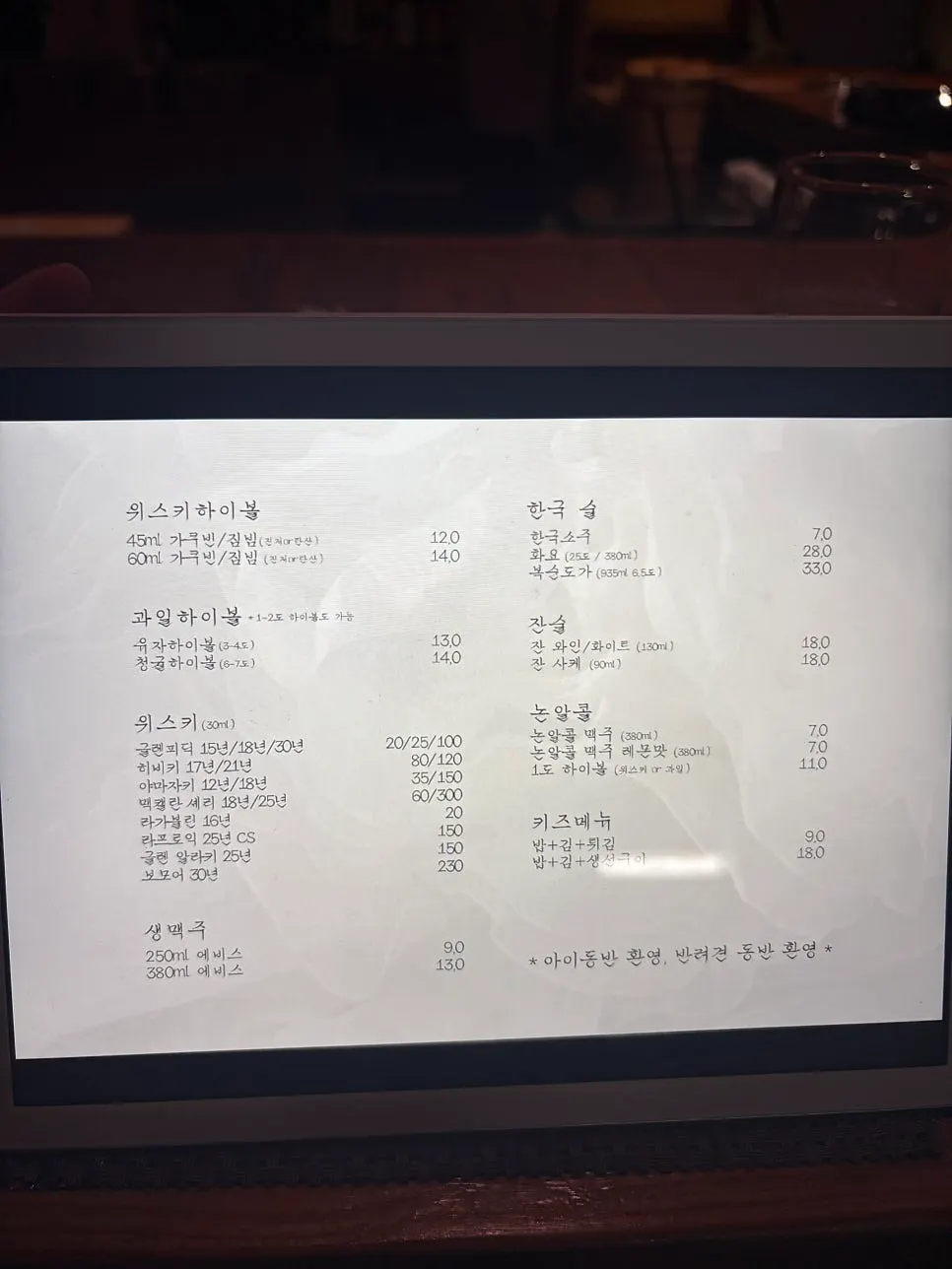Drinks menu