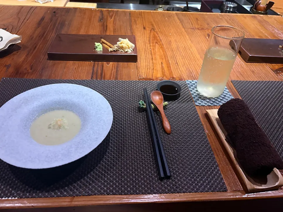 First course dish, like a cold soy noodle soup