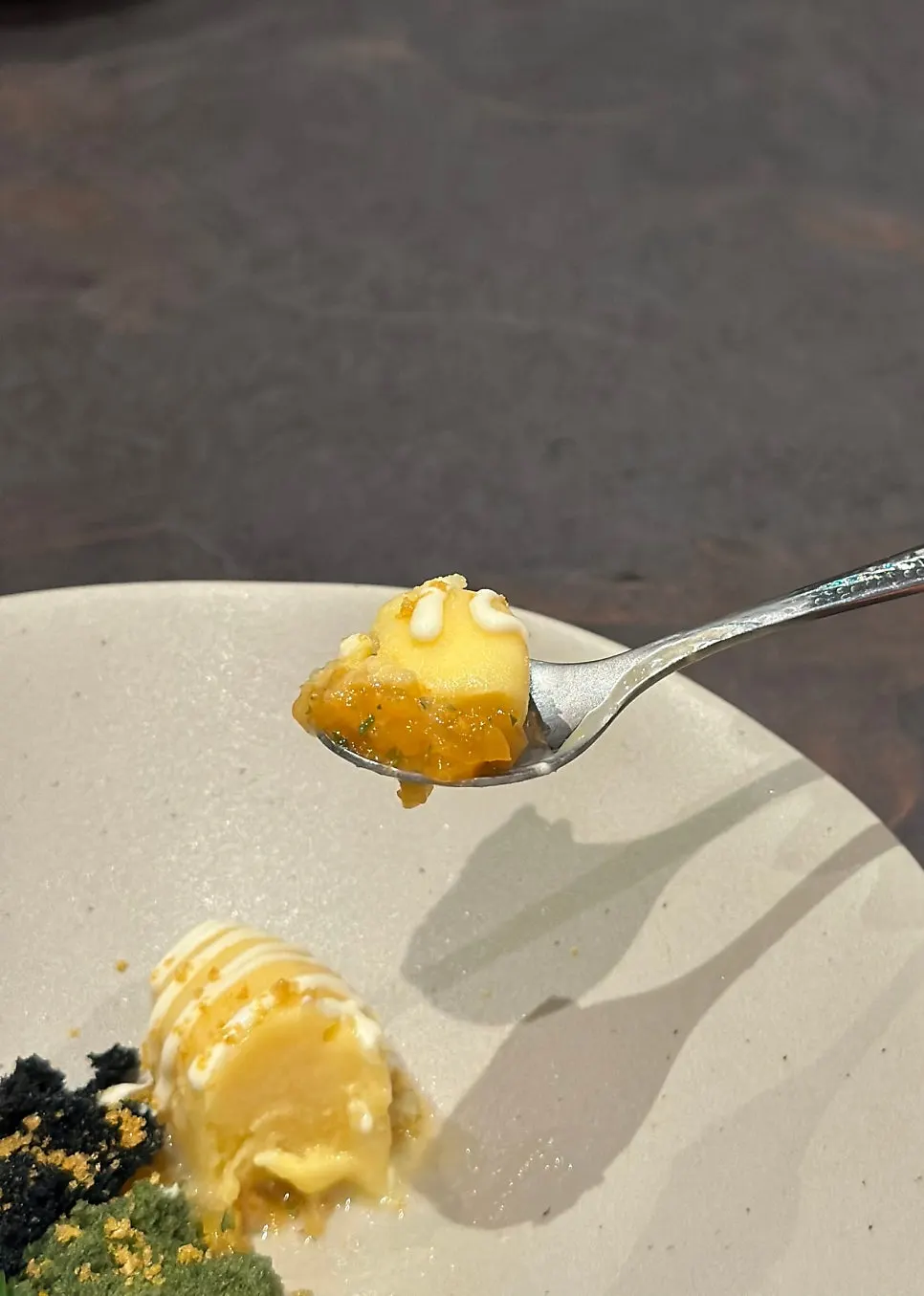 Corn ice cream with green citron cream sauce and sponge cake