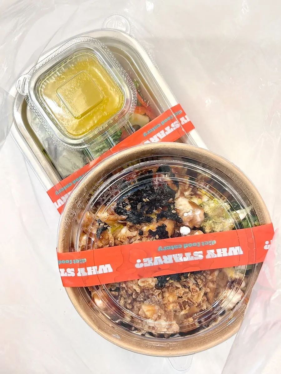 Takeout container sealed with a sticker