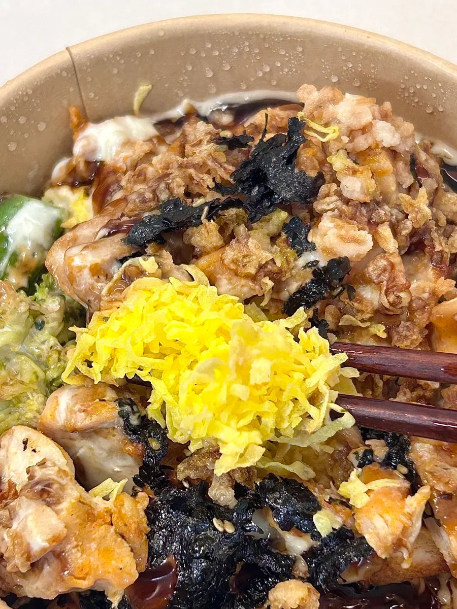 Large piece of broccoli in the protein rice bowl