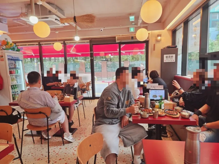 Restaurant with red tables