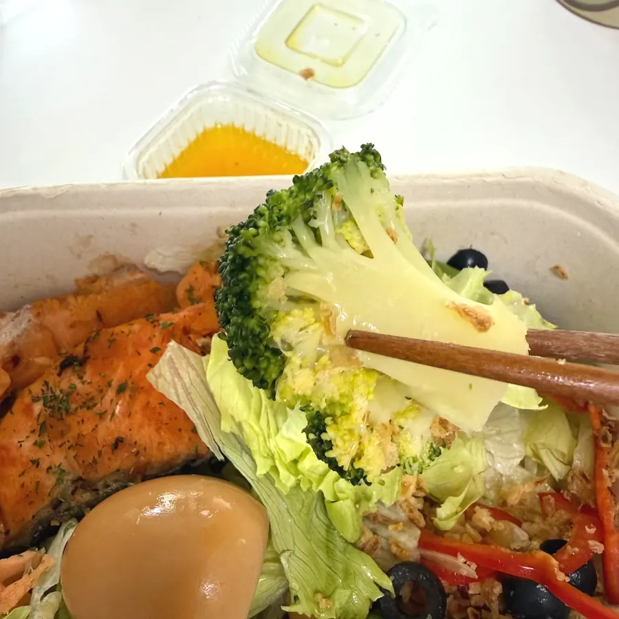 Salmon protein box filled with fresh vegetables
