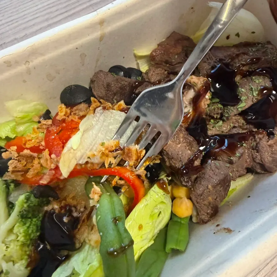Close-up of the protein box salad