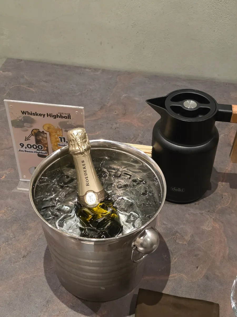 Champagne brought corkage-free, chilling in an ice bucket