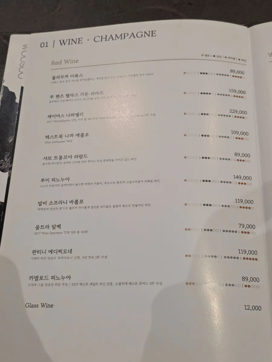 Usu's wine list showing a variety of wines