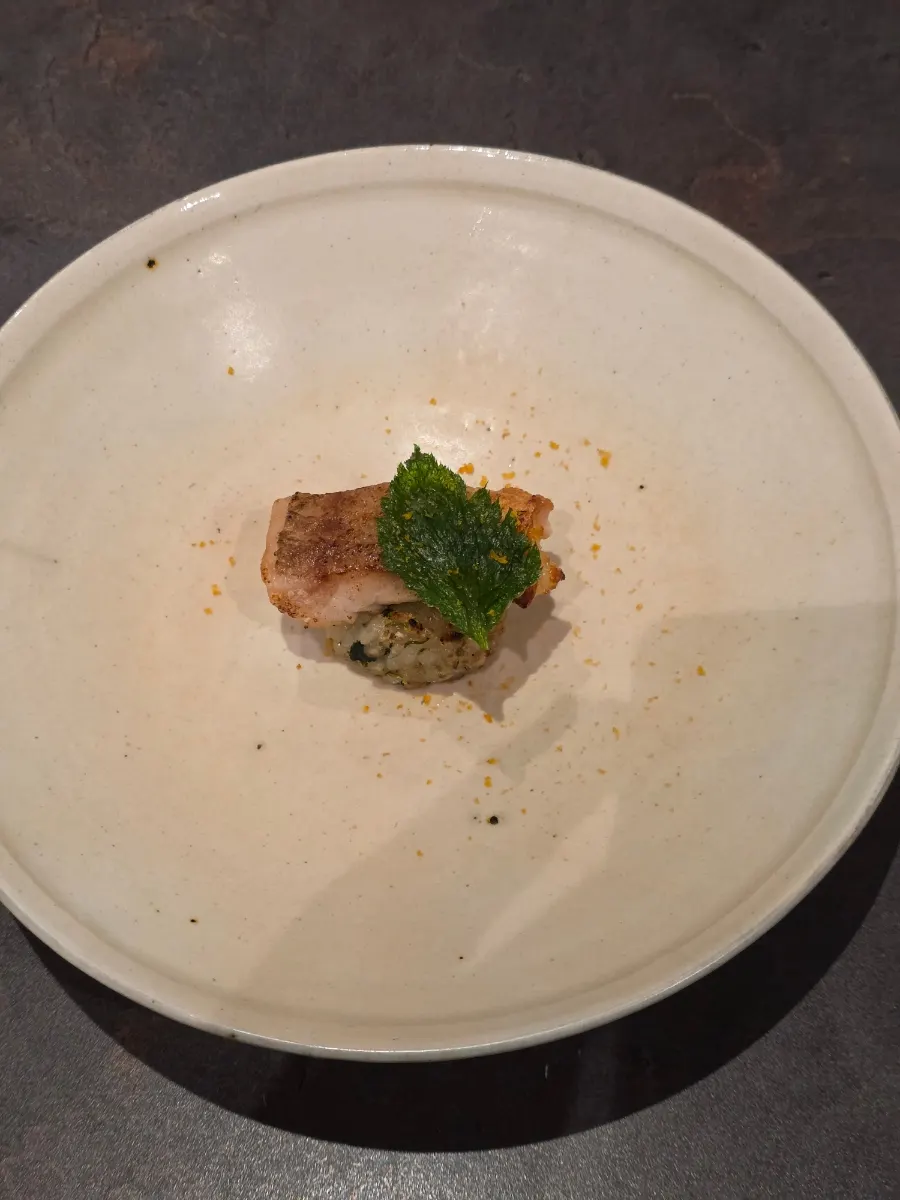 Tilefish dish with barley-and-wild-vegetable rice and mullet roe