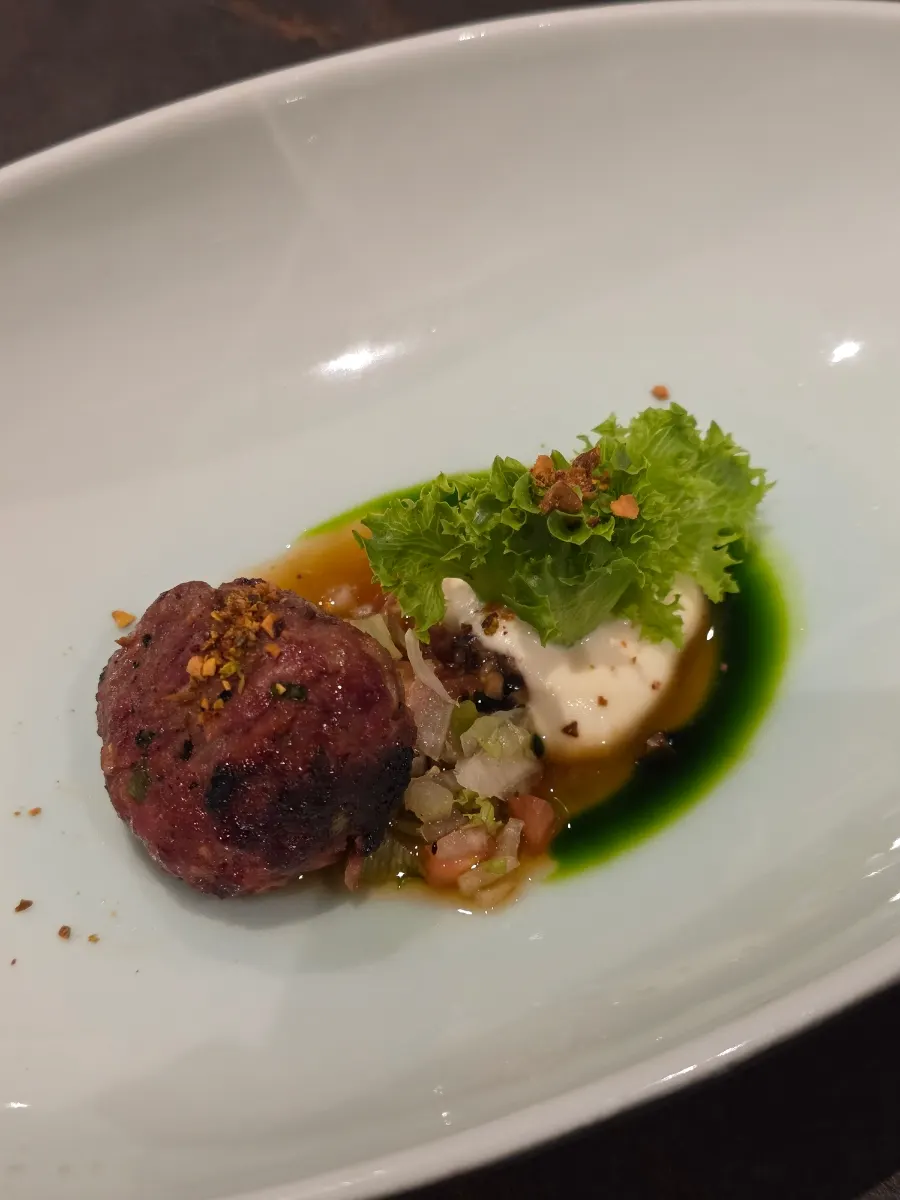 Tteokgalbi with crushed pistachio and celeriac purée