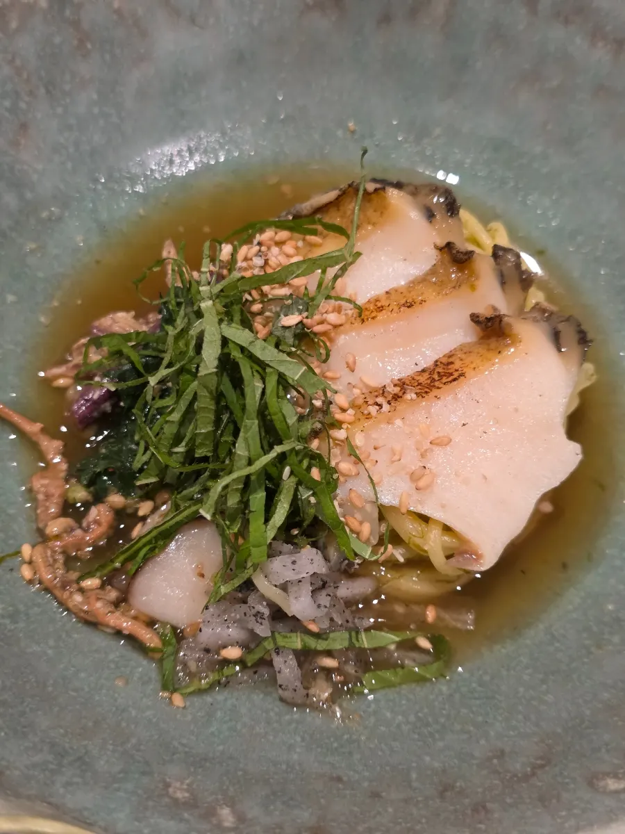 Close-up of the gardenia noodles with gamtae dressing