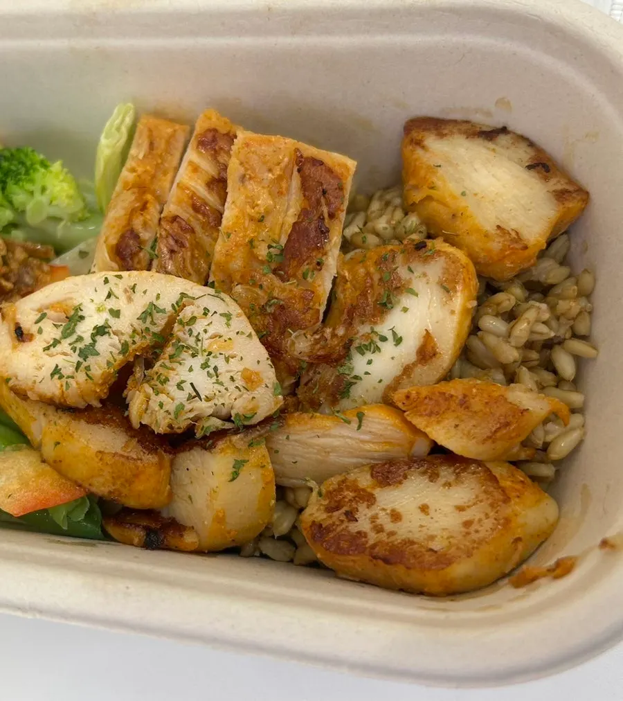 Chicken oat protein box with its lid closed