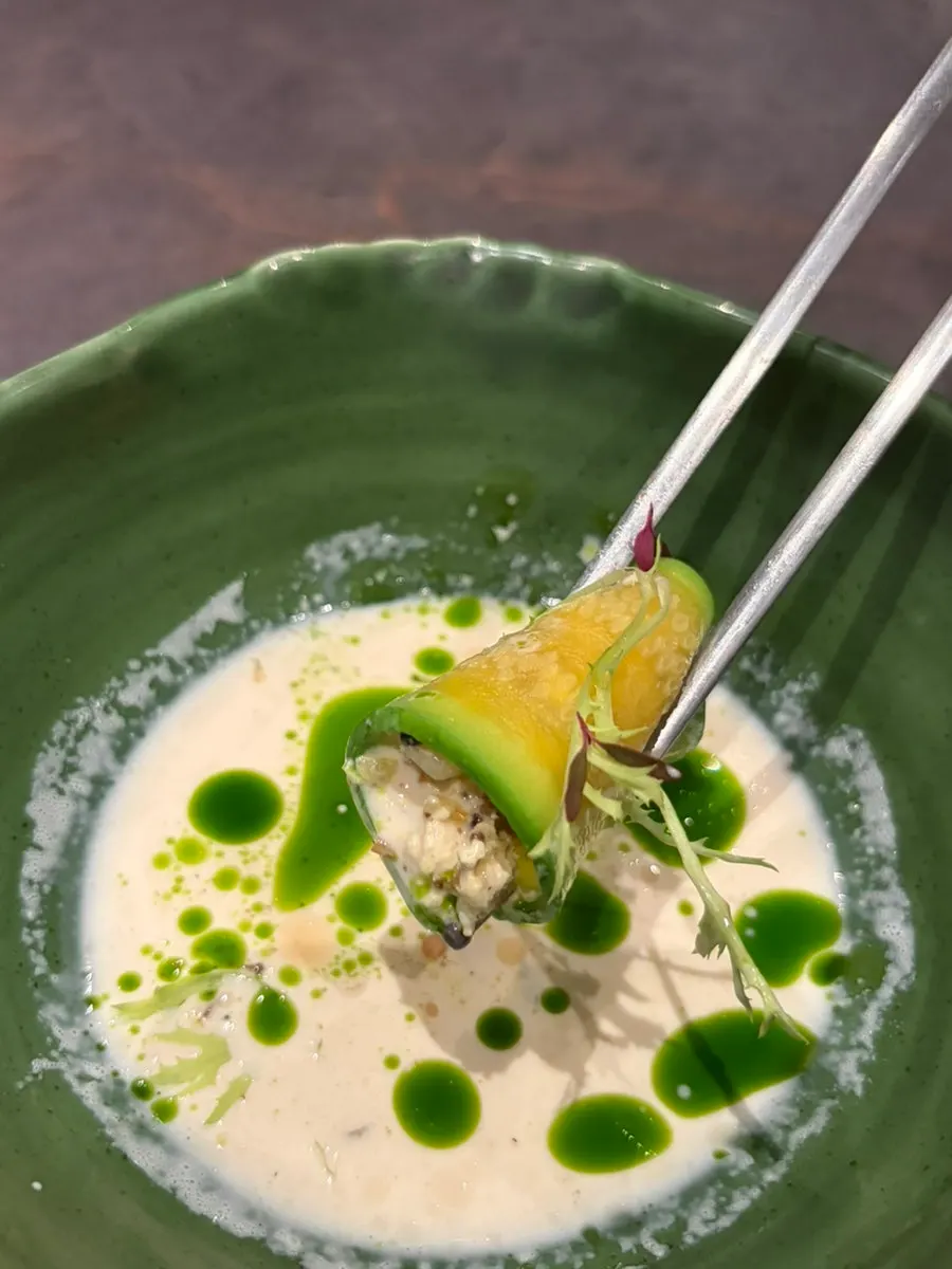 Overhead shot of the plate of bite-sized dishes
