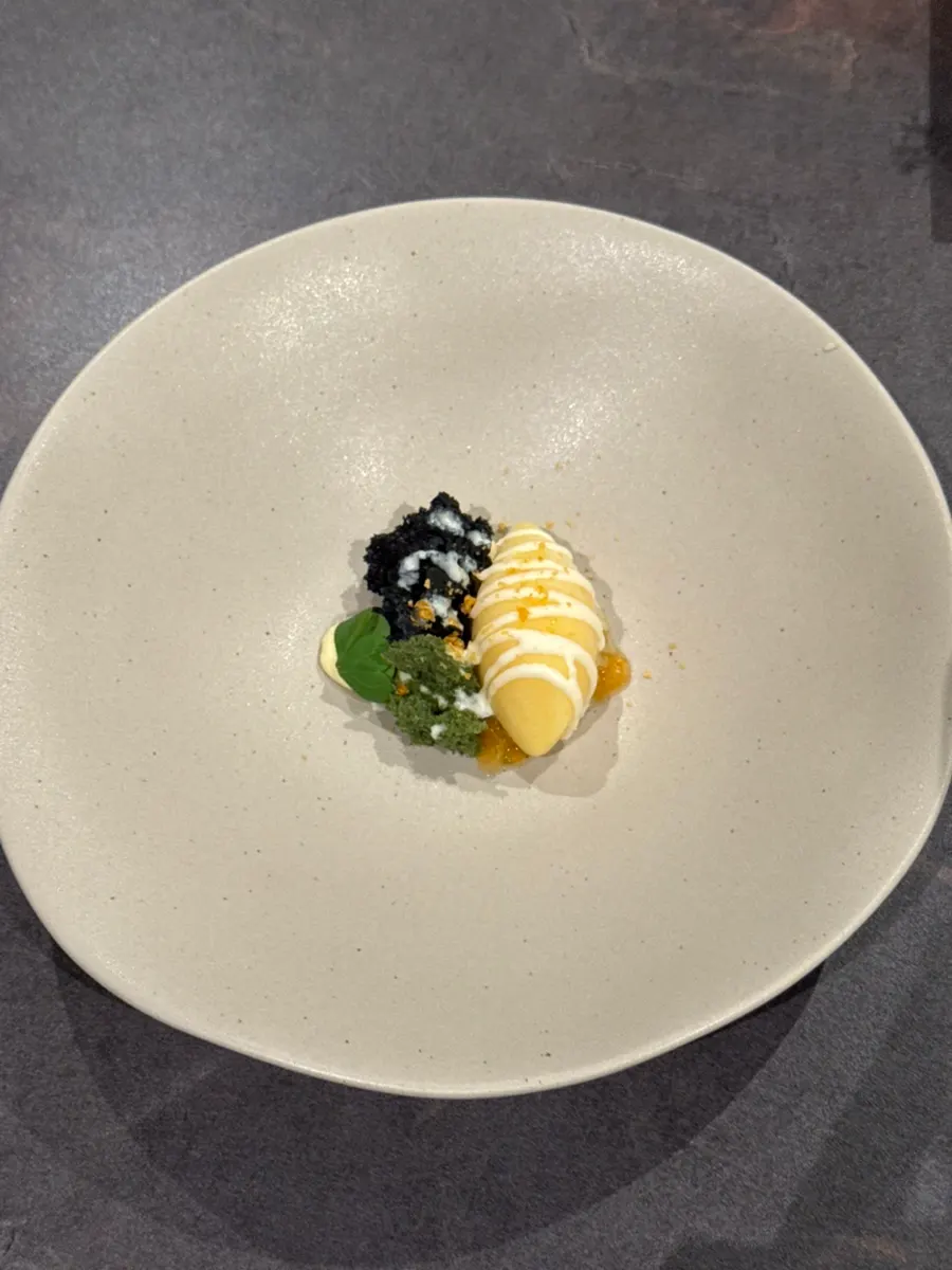 Corn ice cream and sponge cake dessert