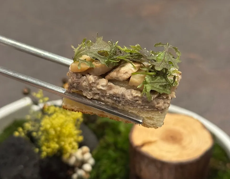 Cross-section of the brioche sandwich with hanwoo bulgogi and truffle cream cheese