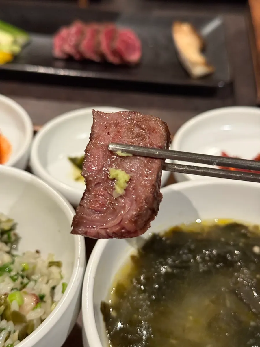 Grilled hanwoo served with salt and fresh wasabi