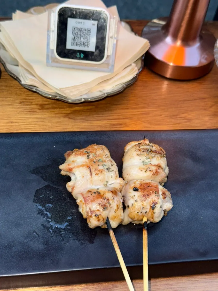 Truffle-topped chicken thigh skewer