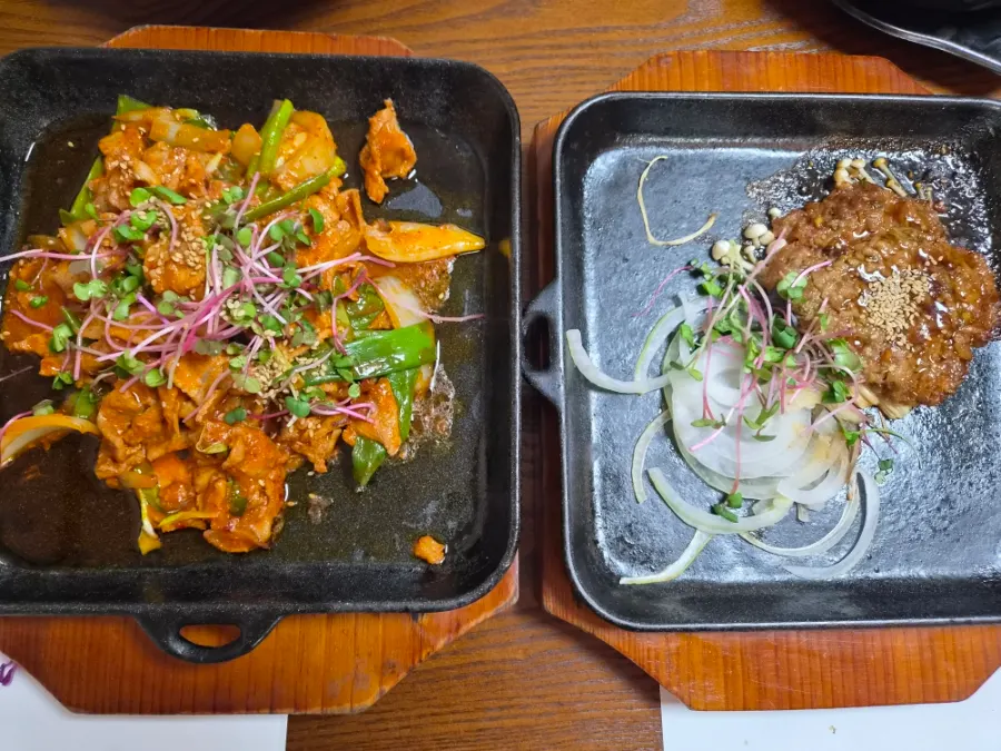 Table fully set with the Korean set meal