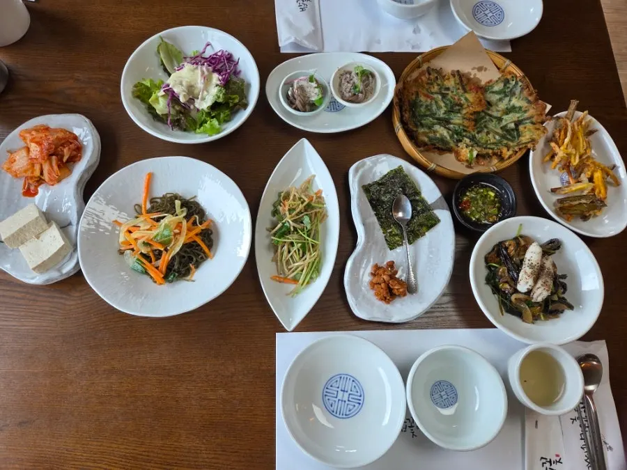 Generous table of sides before the mains
