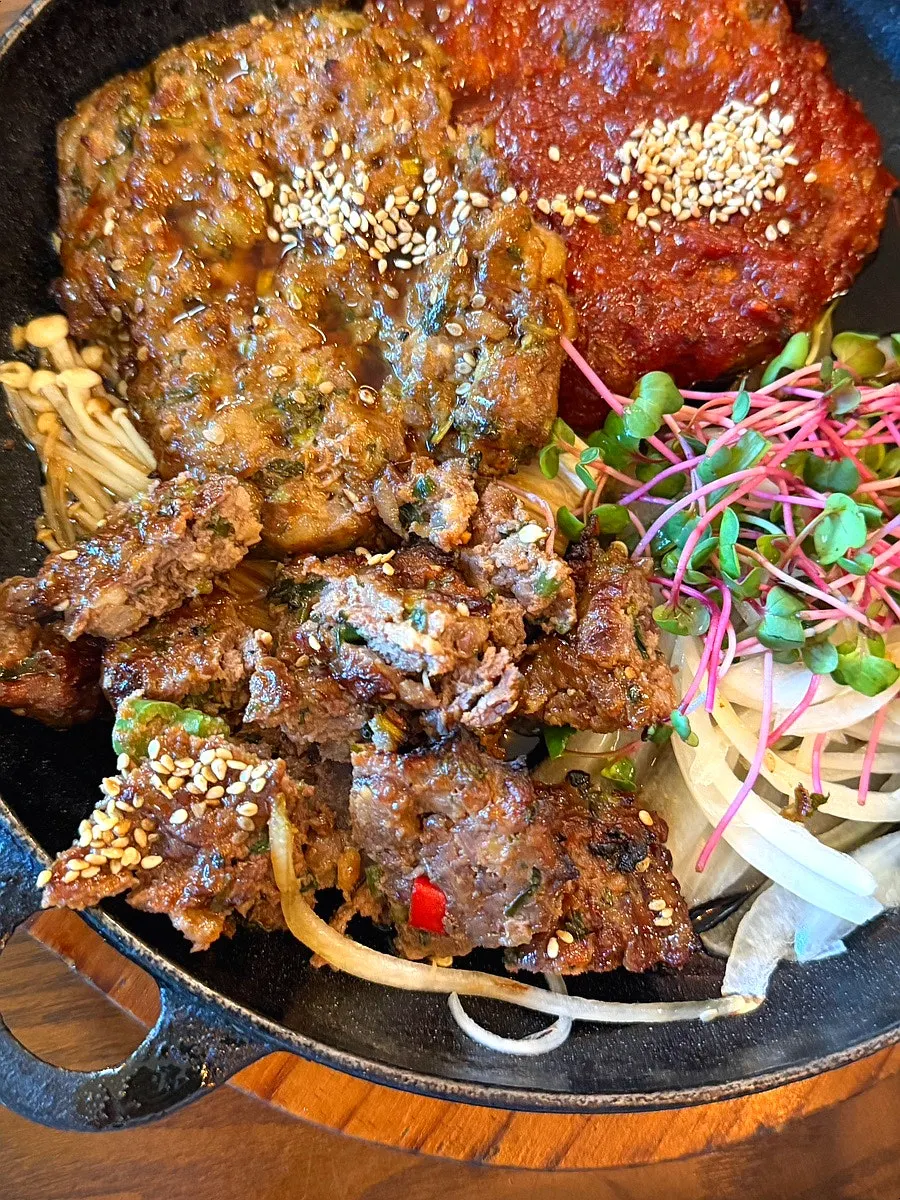 Minari tteokgalbi cut into bite-sized pieces