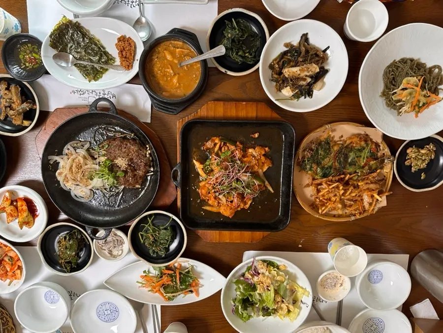 Overhead view of a Korean set meal spread