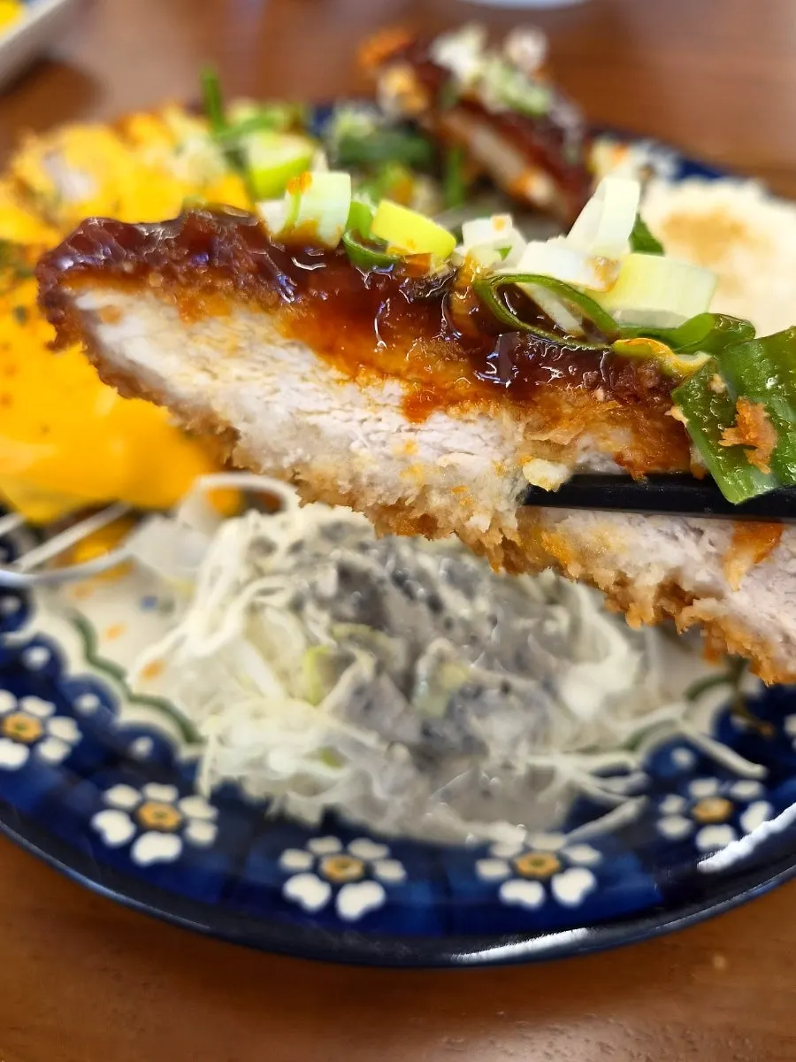 잘게 썬 파가 수북이 올라간 매운파돈카츠