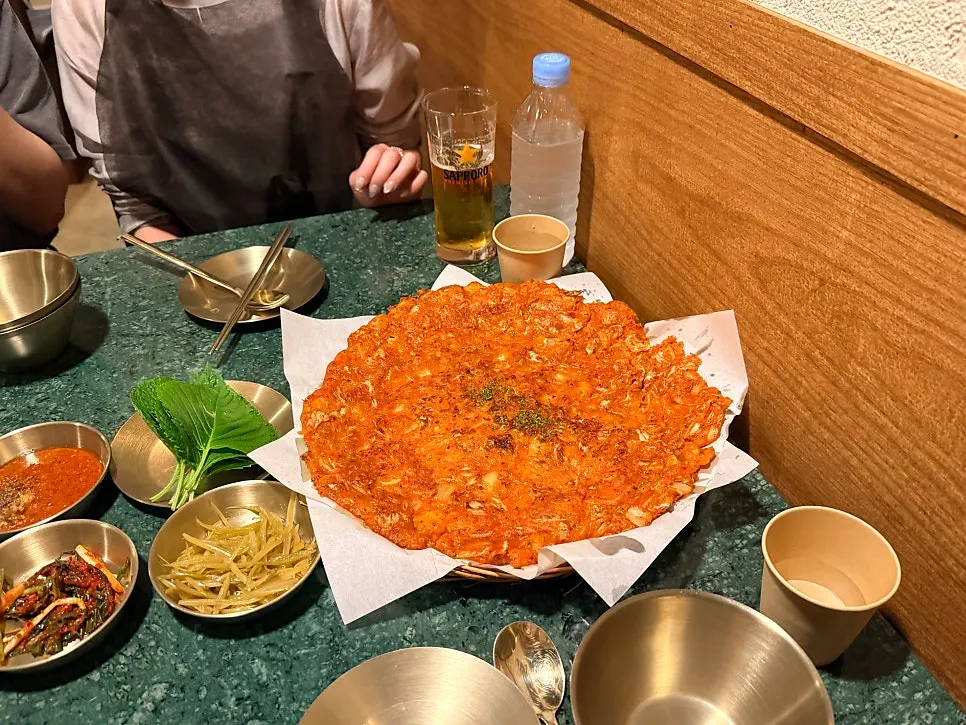 Large, crispy-grilled kimchi pancake