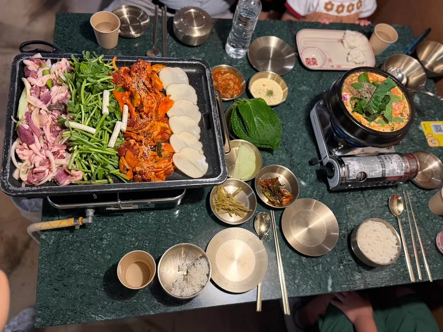 Generous spread of duck stew and half-and-half grilled duck