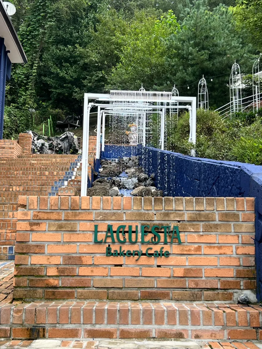 Café entrance stairs with trees and a lawn