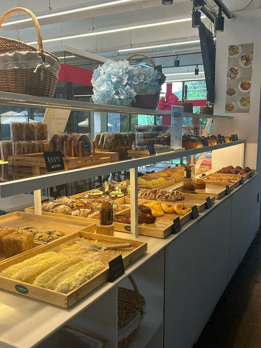 Bakery counter with a variety of breads