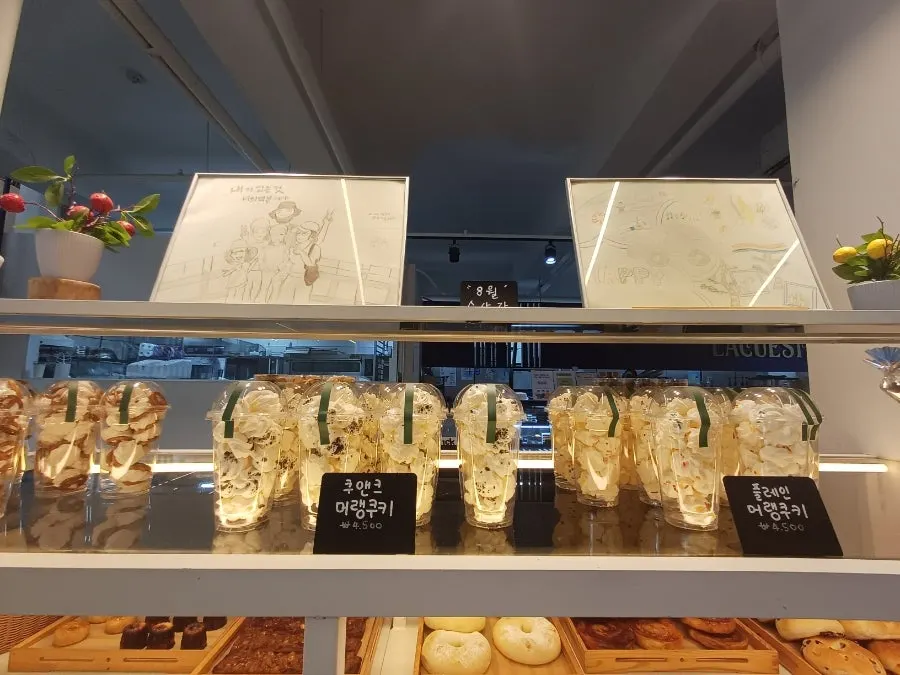 Dessert corner with meringue cookies and chocolate items