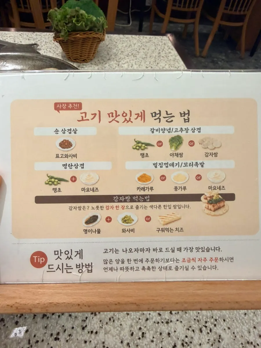 쌈무와 김치, 명이나물 등 기본 상차림