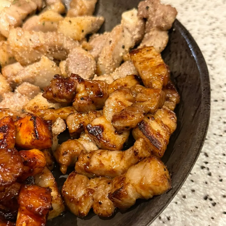 Soy-marinated rib-style and gochujang-marinated pork belly