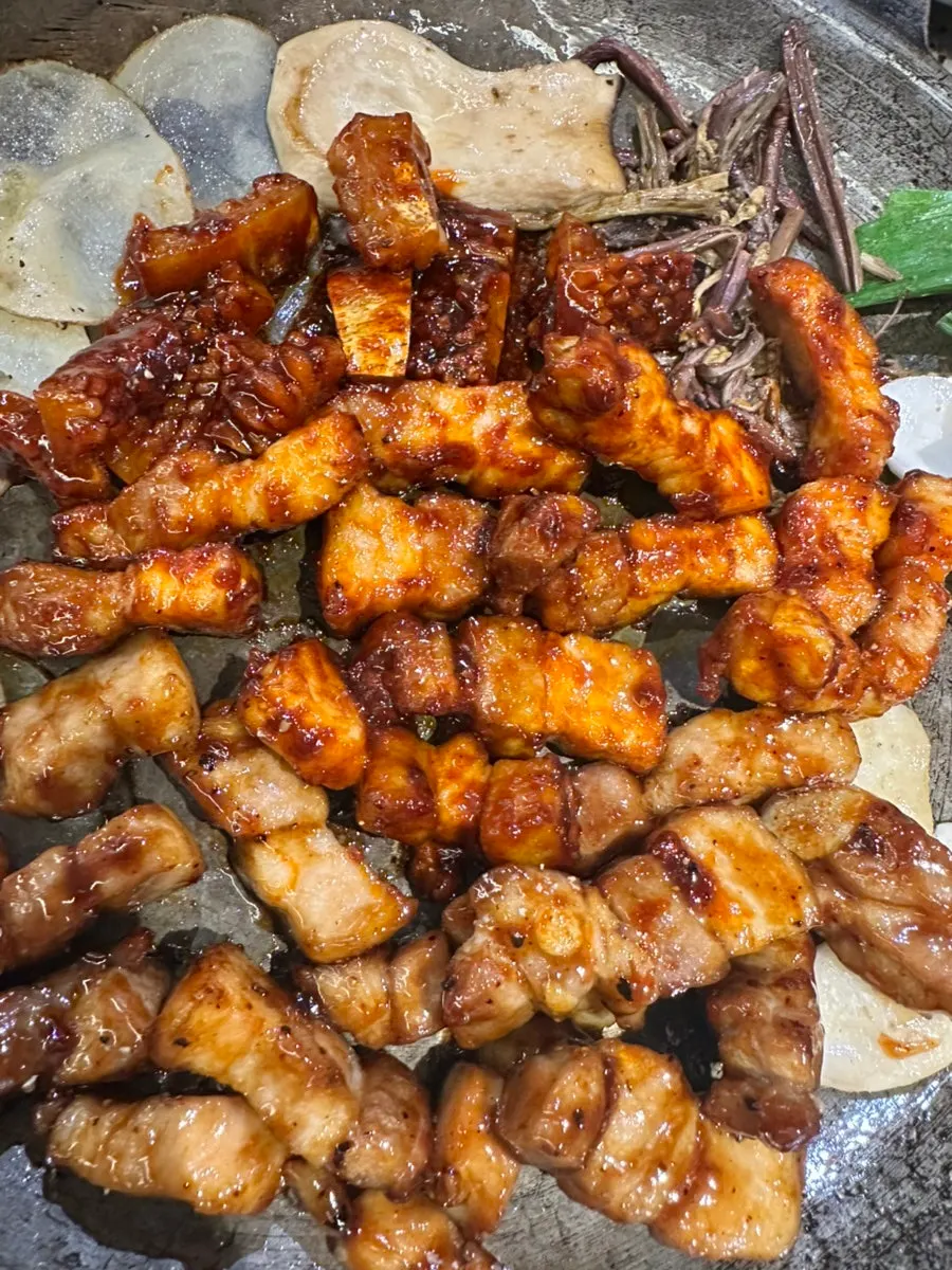 Grill plate with galbi-seasoned pork belly and charcoal gochujang pork belly