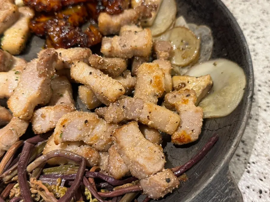 Close-up of cod roe pork belly studded with cod roe