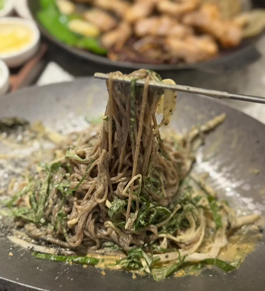 Close-up of the nutty perilla oil buckwheat noodles