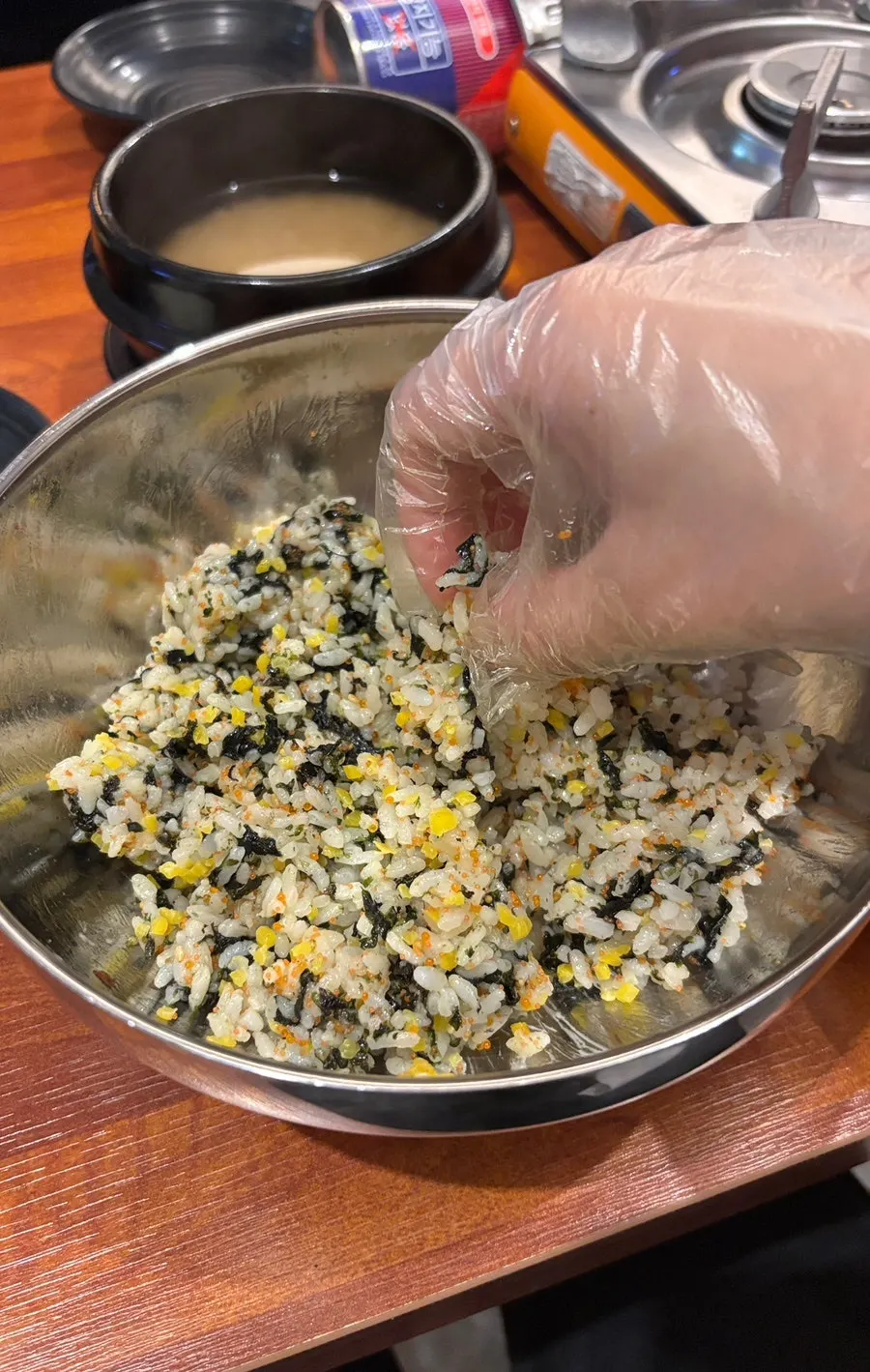 Rice ball ingredients with flying fish roe and seaweed flakes