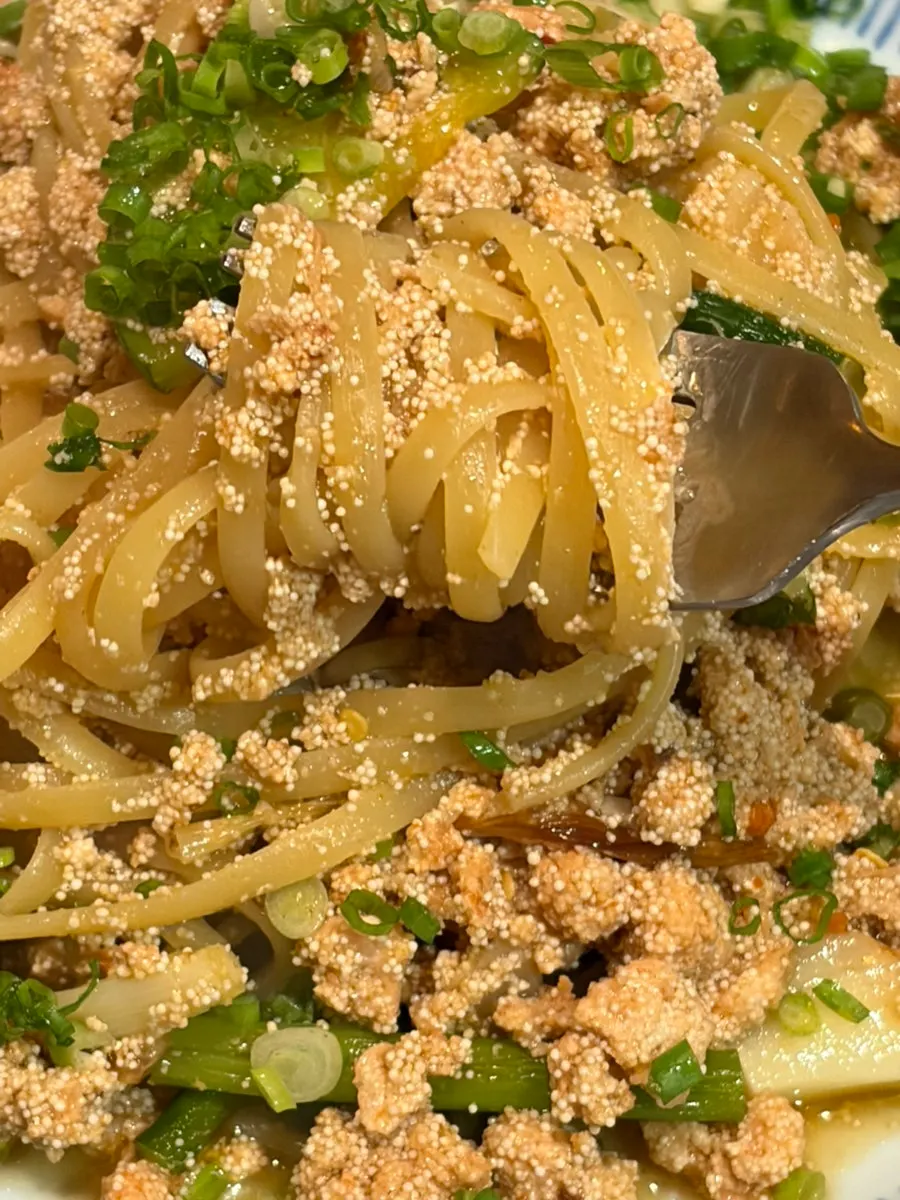 Homemade radish pickle served alongside the mentaiko oil pasta