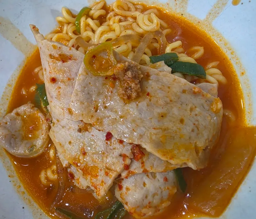 Budae jjigae filled with various handmade ham