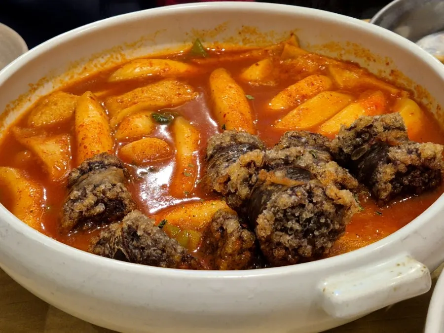 Tteokbokki with a generous broth and fried sundae