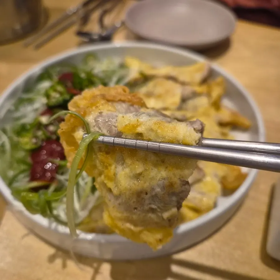 Plate of egg-battered pan-fried pork yukjeon