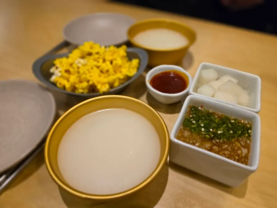 Bottle of makgeolli ordered to pair with the pork jeon