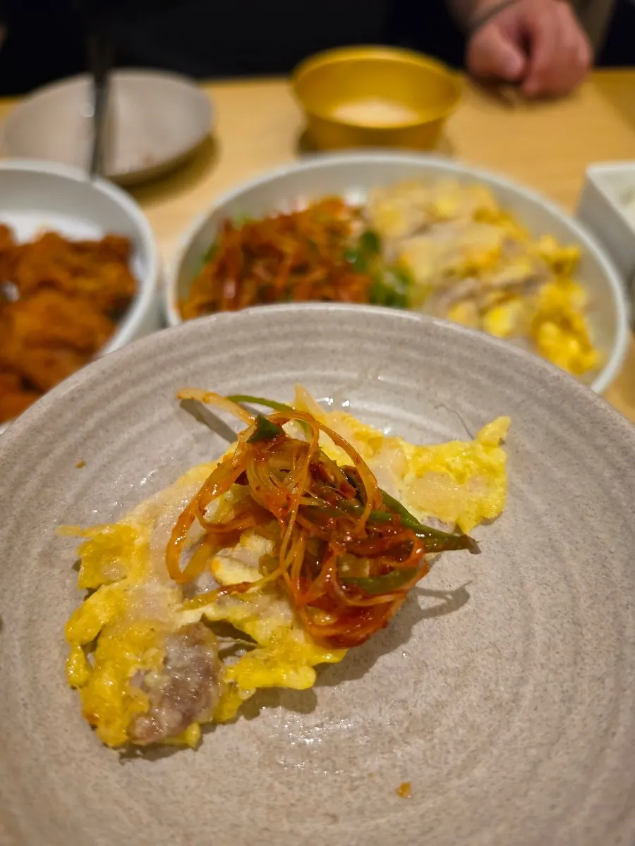 Pork jeon rolled up with spring onion shreds