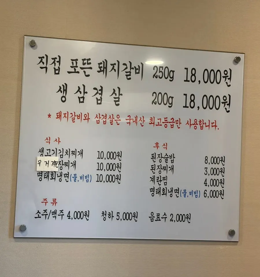 Menu board at Yongchon Gogi-jip