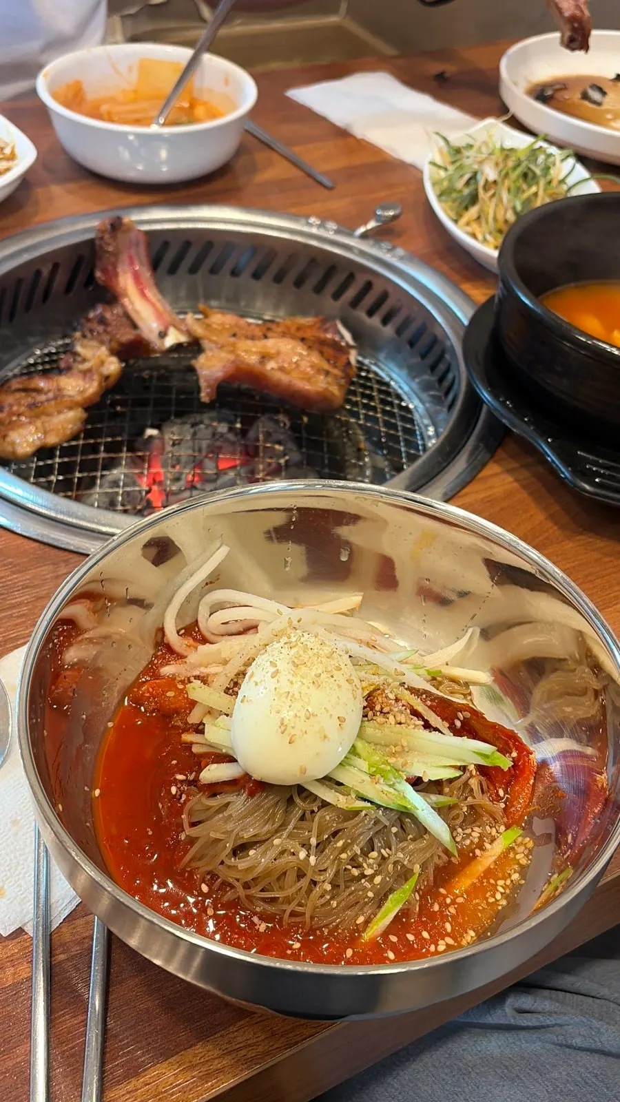 Tofu and mushrooms in the kimchi jjigae