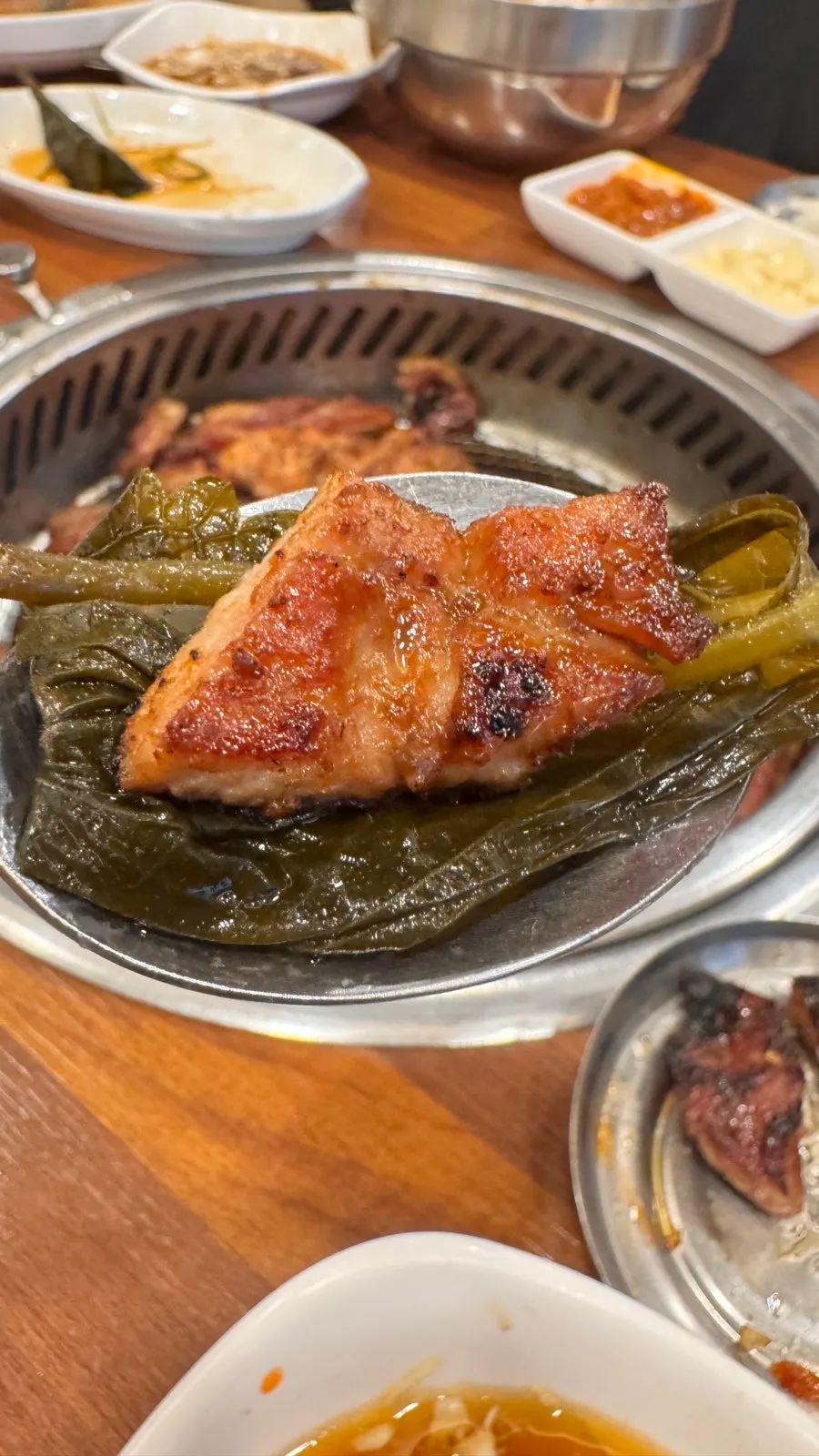 Marinated galbi wrapped in perilla leaf pickles