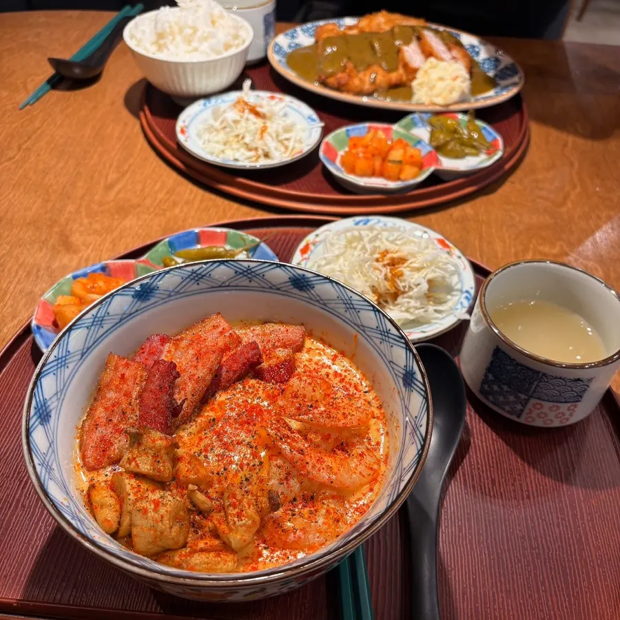 Table spread of basil demi tonkatsu and toowoomba soba
