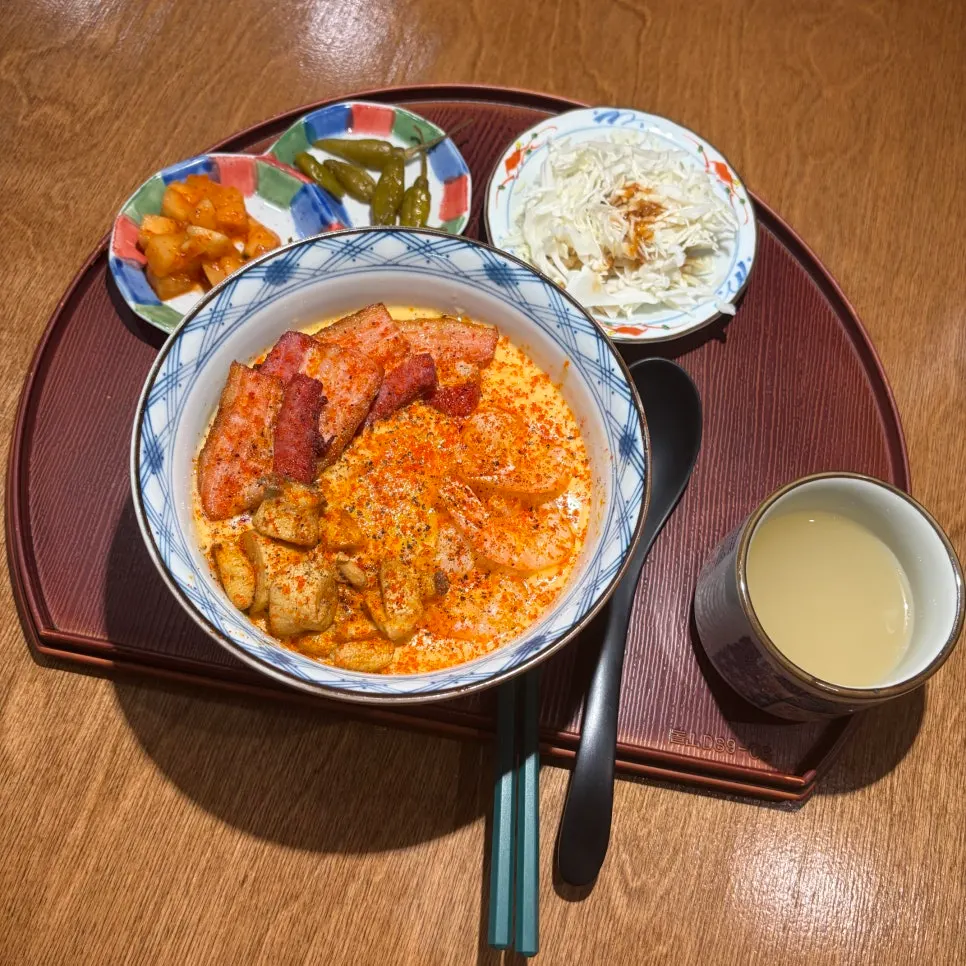 Toowoomba soba topped with bacon and shrimp