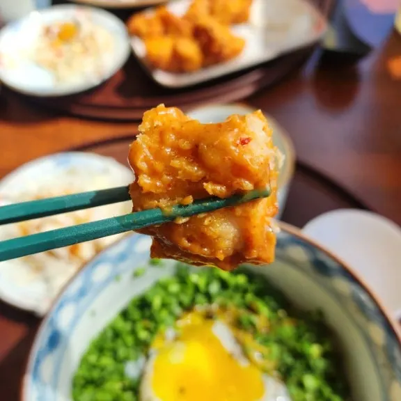 Tonkatsu and karaage topped with toowoomba sauce