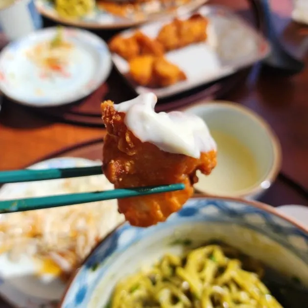 Close-up of Gosh Gosh's special sauce and karaage