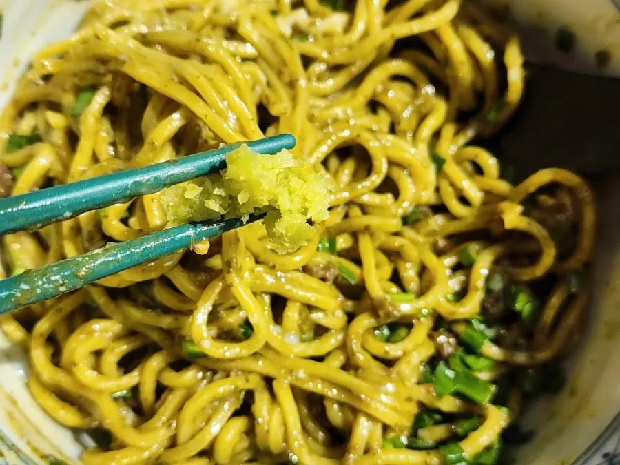 Close-up of mixed basil soba
